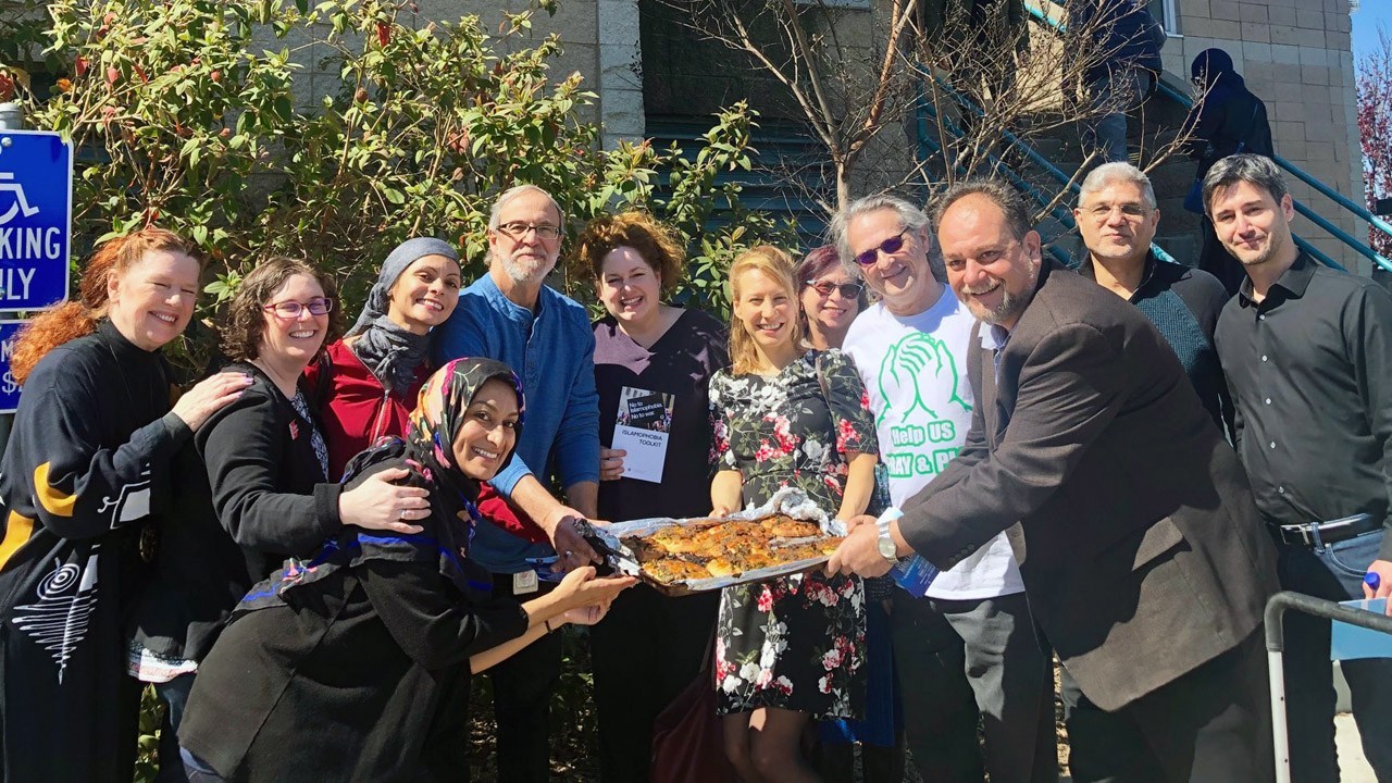 Members of the North Peninsula Jewish and Muslim communities after Friday afternoon services at Yaseen Foundation in Belmont, March 15, 2019 (Photo/Courtesy Stephanie Levine)