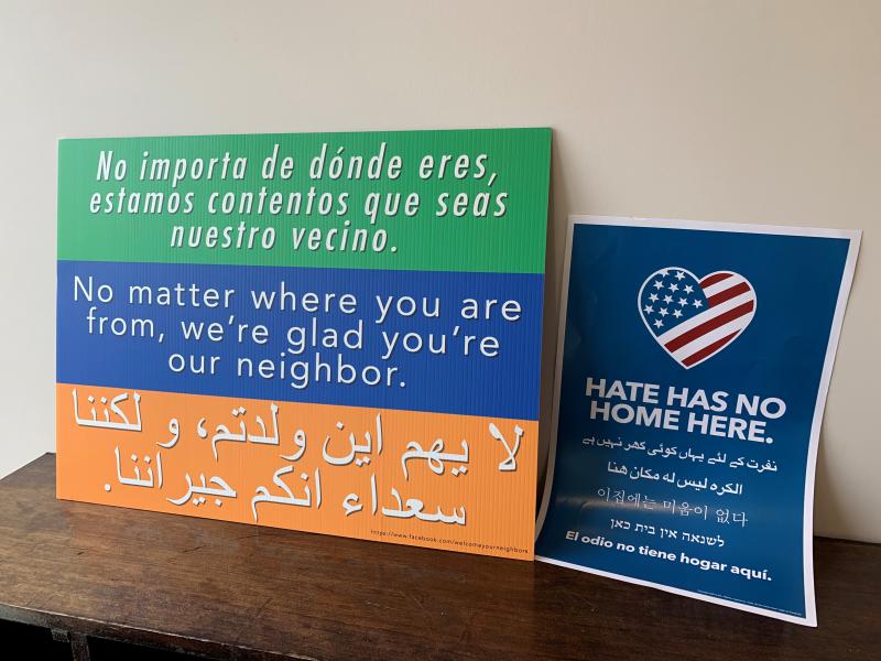Not In Our Town Bloomington-Normal brought signs to Bloomington's Islamic Center of McLean County as a show of support during midday prayer on March 15, 2019. (Credit: Mary Cullen, WGLT)
