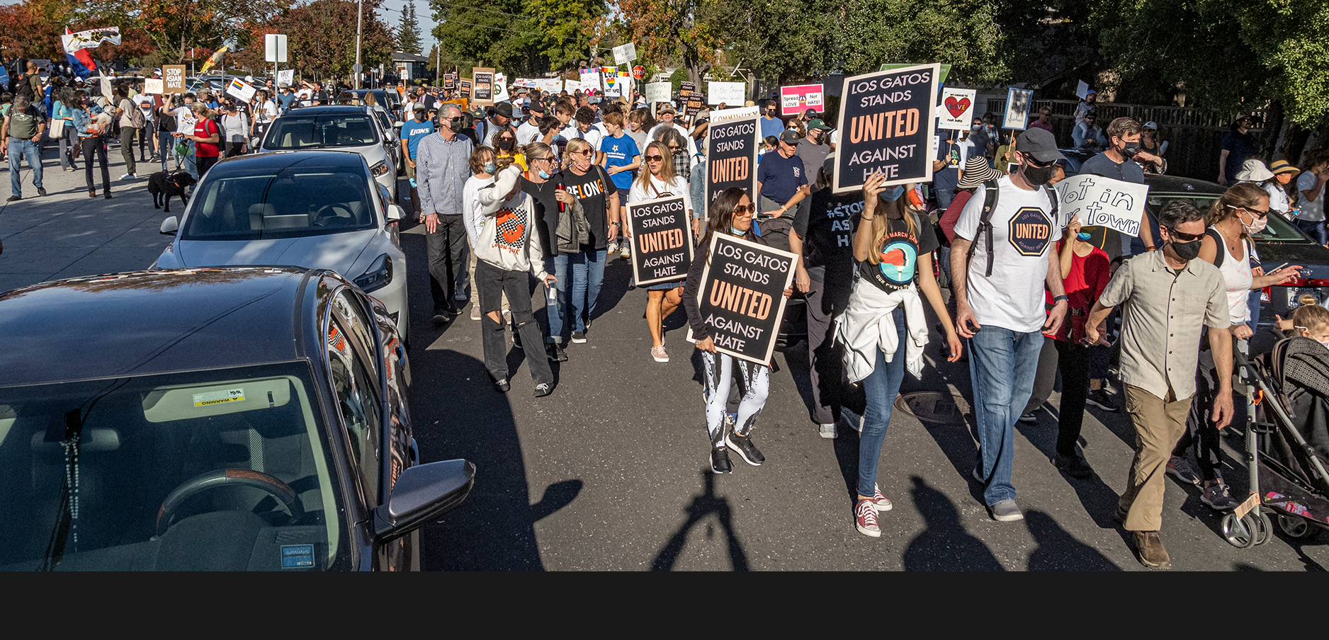 14 Nov 2021 Los Gatos: United against Hate March A march against racial, antisemitic, and homophobic hate in the Los Gatos community, with wide sponsorship. It was big. We had trouble estimating the crowd size, but bigger than 1,000 and smaller than 10,000. An NBC cameraman I talked with guessed around 3,500 people.