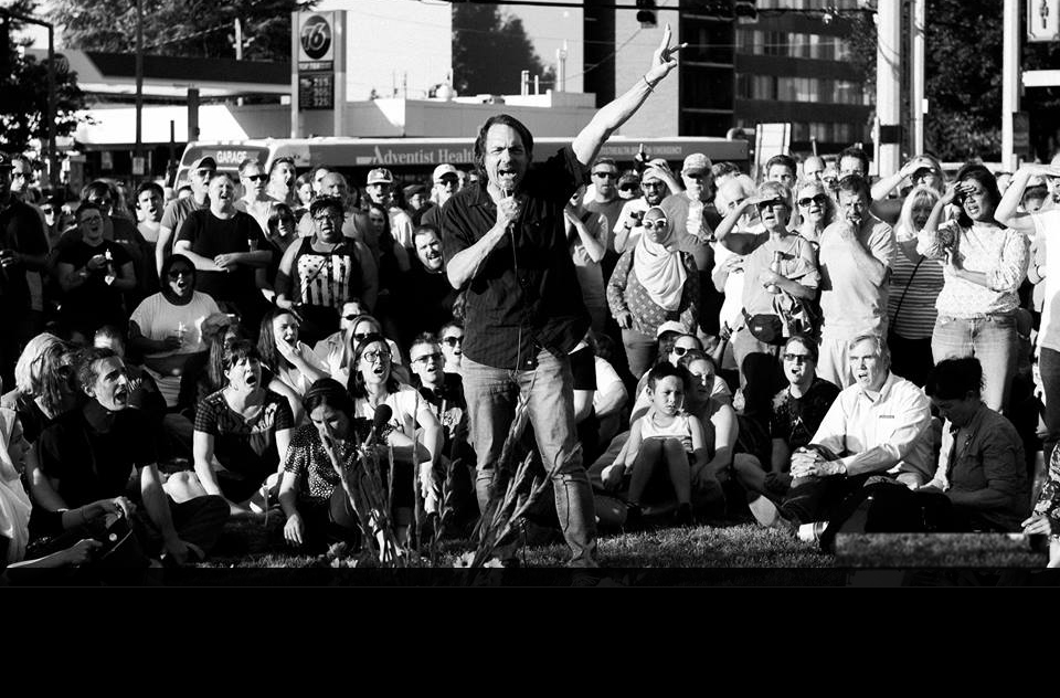 Randy Blazak at a Not In Our Town Rally in 2017 in Portland, Ore. (Photo by Kenton Waltz)