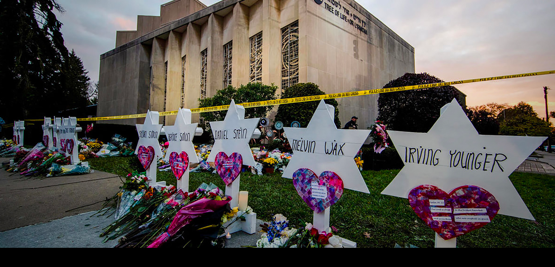 Flower memorials outside the Tree of Life Synagogue after the shooting.