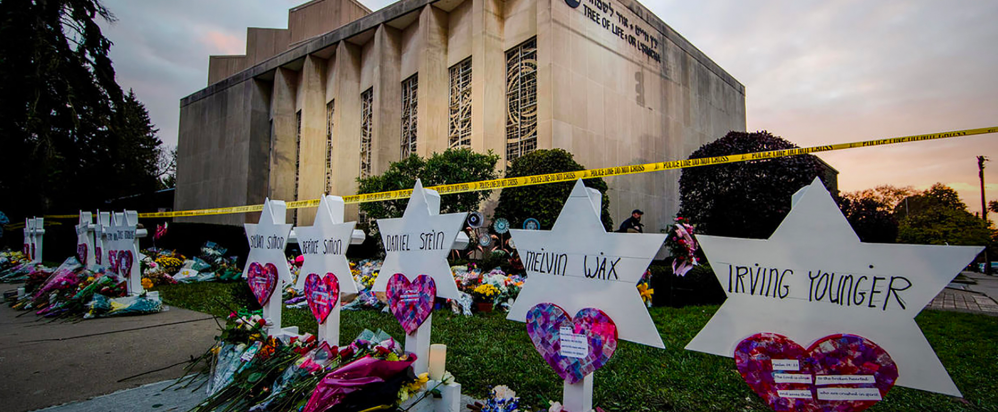Flower memorials outside the Tree of Life Synagogue after the shooting.